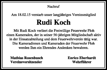 Traueranzeige von Rudi Koch von Südthüringer Presse