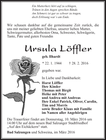 Traueranzeige von Ursula Löffler von Südthüringer Presse