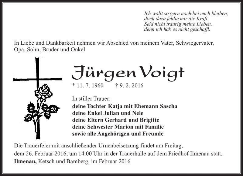  Traueranzeige für Jürgen Voigt vom 20.02.2016 aus Südthüringer Presse