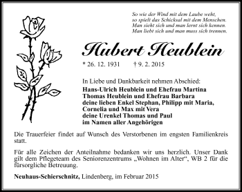 Traueranzeige von Hubert Heublein von Südthüringer Presse