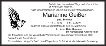 Traueranzeige von Marianne Geißer von Frankenpost