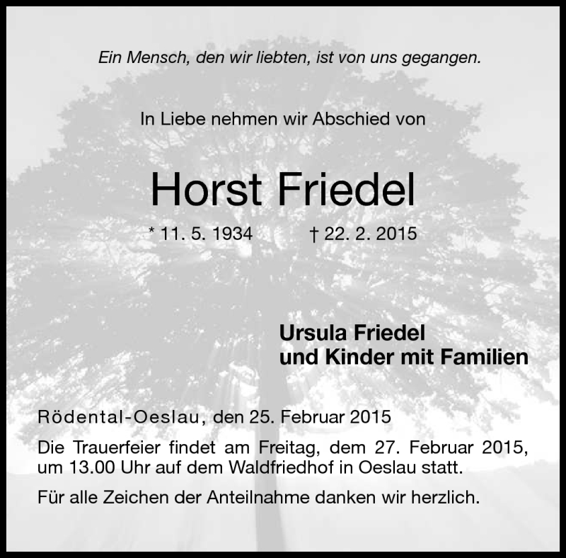  Traueranzeige für Horst Friedel vom 25.02.2015 aus Neue Presse Coburg