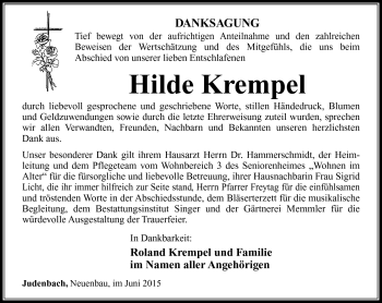 Traueranzeige von Hilde Krempel von Südthüringer Presse