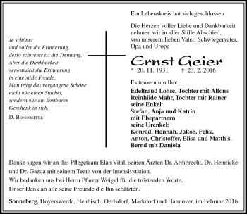 Traueranzeige von Ernst Geier von Südthüringer Presse