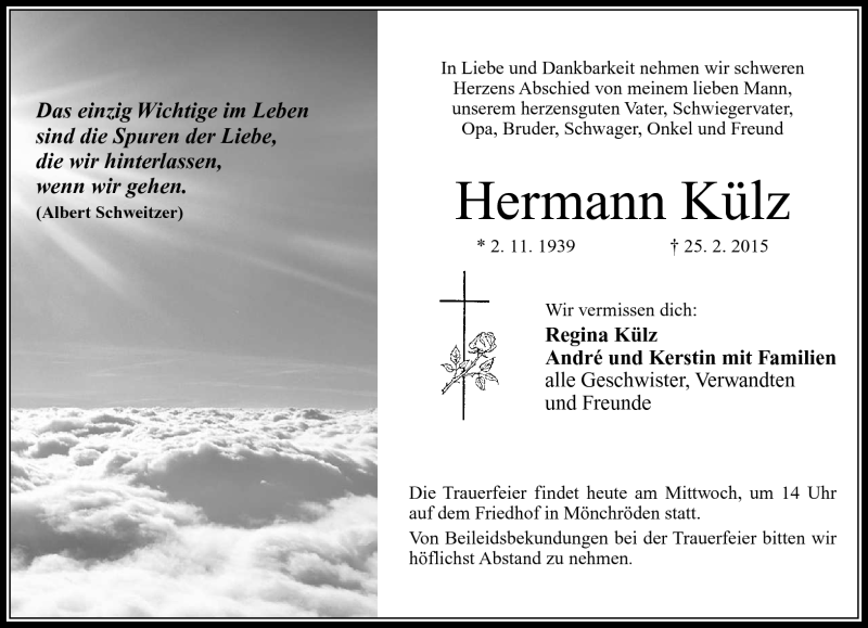 Traueranzeige für Hermann Külz vom 04.03.2015 aus Neue Presse Coburg