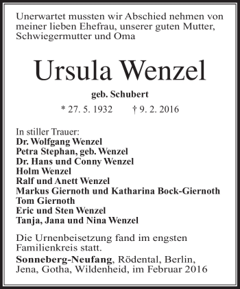 Traueranzeige von Ursula Wenzel von Südthüringer Presse