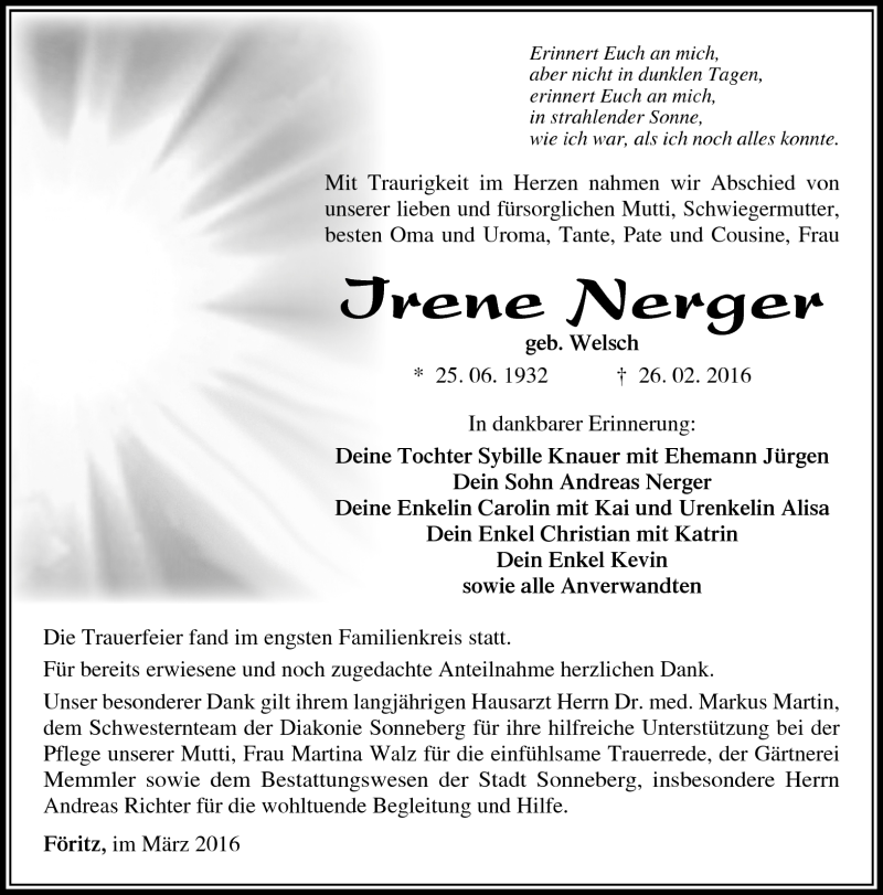 Traueranzeige für Irene Nerger vom 05.03.2016 aus Südthüringer Presse
