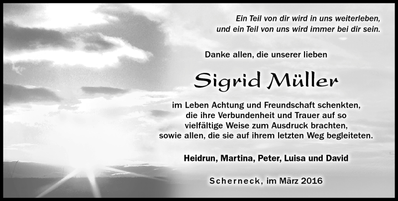  Traueranzeige für Sigird Müller vom 12.03.2016 aus Neue Presse Coburg