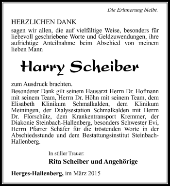 Traueranzeige von Harry Scheiber von Südthüringer Presse