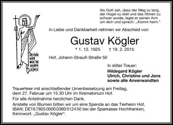 Traueranzeige von Gustav Kögler von Frankenpost