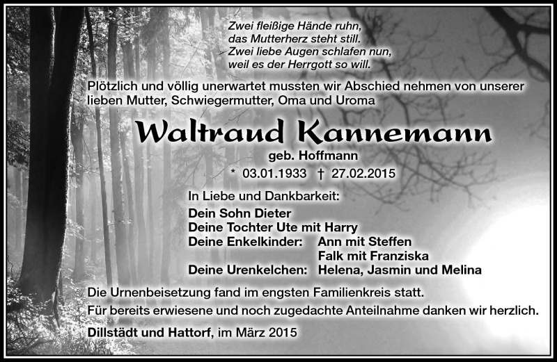  Traueranzeige für Waltraud Kannemann vom 14.03.2015 aus Südthüringer Presse