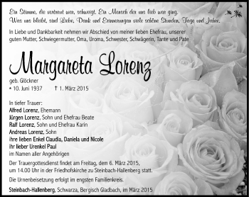 Traueranzeige von Margareta Lorenz von Südthüringer Presse