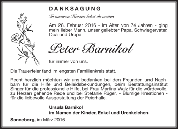 Traueranzeige von Peter Barnikol von Südthüringer Presse
