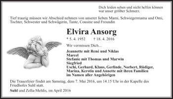 Traueranzeige von Elvira Ansorg von Südthüringer Presse