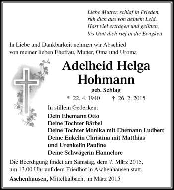 Traueranzeige von Adelheit Helga Hohmann von Südthüringer Presse