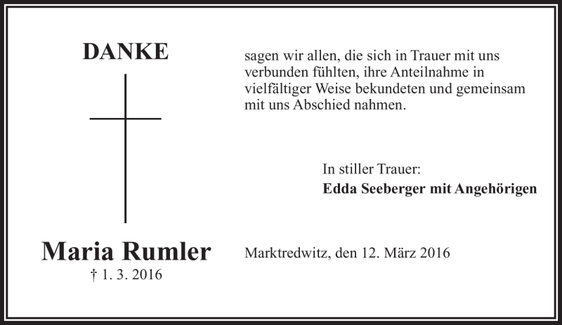  Traueranzeige für Maria Rumler vom 12.03.2016 aus Frankenpost