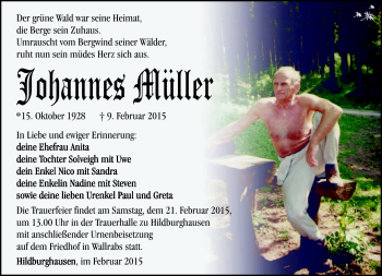 Traueranzeige von Johannes Müller von Südthüringer Presse