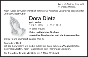 Traueranzeige von Dora Dietz von Neue Presse Coburg