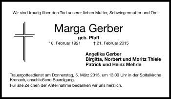 Traueranzeige von Marga Gerber von Neue Presse Coburg