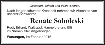 Traueranzeige von Renate Soboleski von Südthüringer Presse