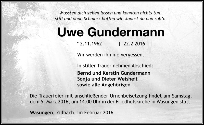  Traueranzeige für Uwe Gundermann vom 01.03.2016 aus Südthüringer Presse