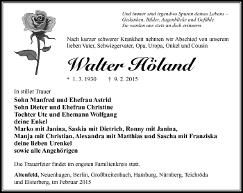 Traueranzeige von Walter Höland von Südthüringer Presse