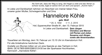 Traueranzeige von Hannelore Köhle von Frankenpost