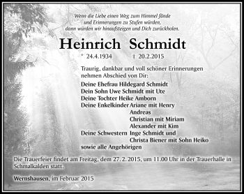 Traueranzeige von Heinrich Schmidt von Südthüringer Presse