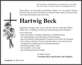 Traueranzeige von Hartwig Beck von Südthüringer Presse