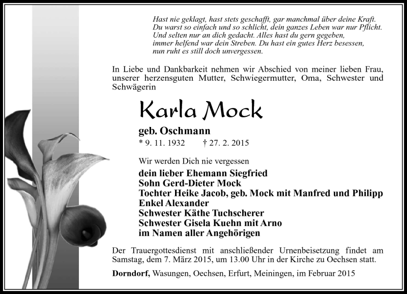  Traueranzeige für Karla Mock vom 03.03.2015 aus Südthüringer Presse