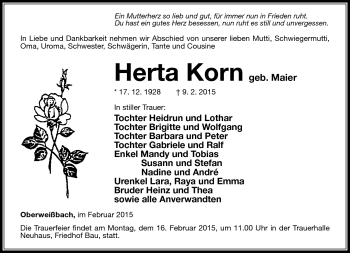 Traueranzeige von Herta Korn von Südthüringer Presse