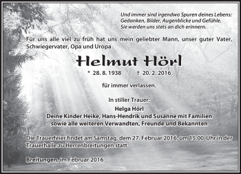 Traueranzeige von Helmut Hörl von Südthüringer Presse