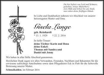 Traueranzeige von Gisela Lang von Südthüringer Presse