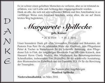 Traueranzeige von Margarete Spillecke von Südthüringer Presse