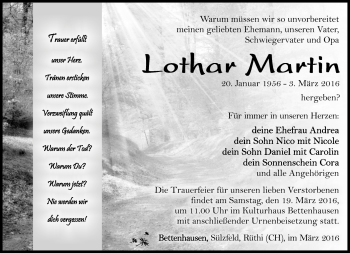 Traueranzeige von Lothar Martin von Südthüringer Presse