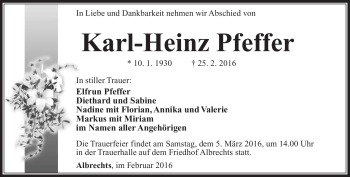 Traueranzeige von Karl-Heinz Pfeffer von Südthüringer Presse