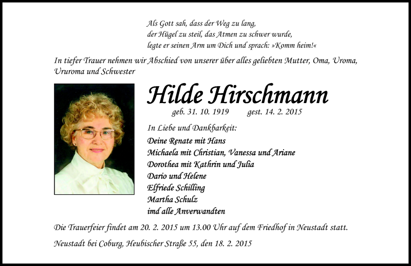 Traueranzeige für Hilde Hirschmann vom 18.02.2015 aus Neue Presse Coburg