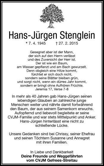 Traueranzeige von Hans-Jürgen Stenglein von Frankenpost
