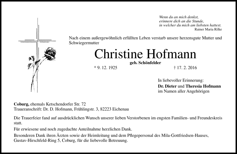  Traueranzeige für Christine Hofmann vom 27.02.2016 aus Neue Presse Coburg