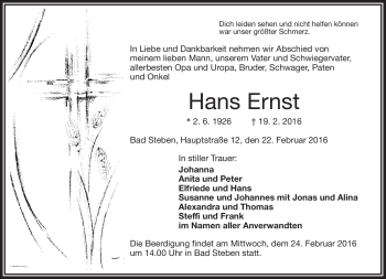 Traueranzeige von Hans Ernst von Frankenpost