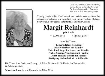 Traueranzeige von Margit Reinhardt von Südthüringer Presse