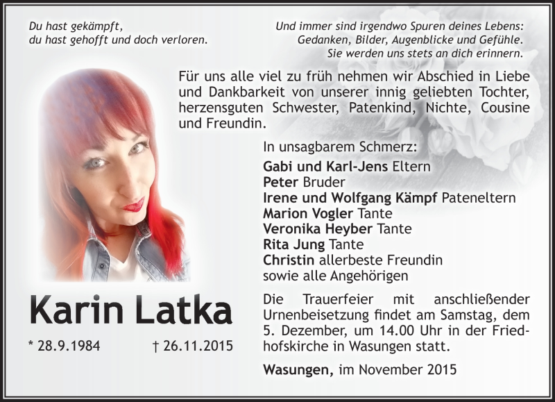  Traueranzeige für Karin Latka vom 02.12.2015 aus Südthüringer Presse