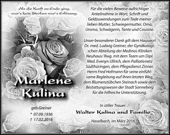 Traueranzeige von Marlene Kulina von Südthüringer Presse