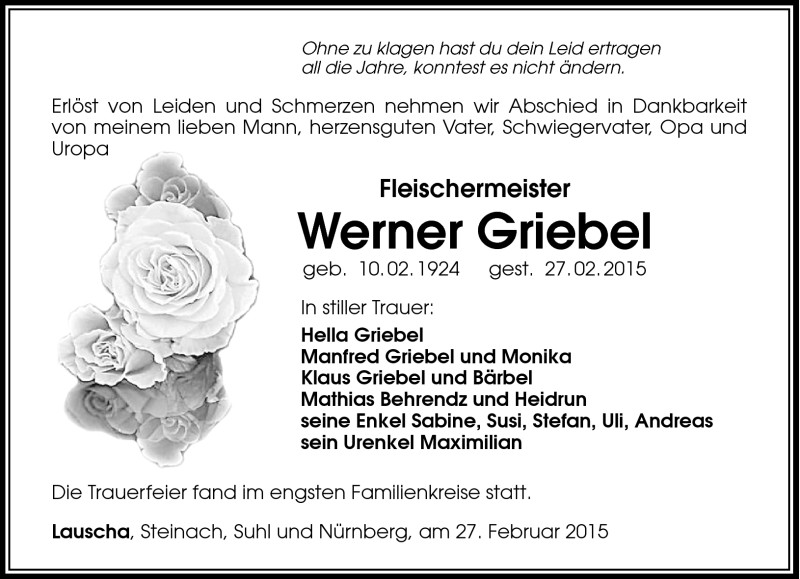  Traueranzeige für Werner Griebel vom 03.03.2015 aus Südthüringer Presse