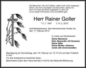 Traueranzeige von Rainer Goller von Frankenpost