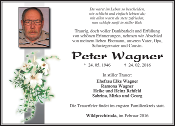 Traueranzeige von Peter Wagner von Südthüringer Presse