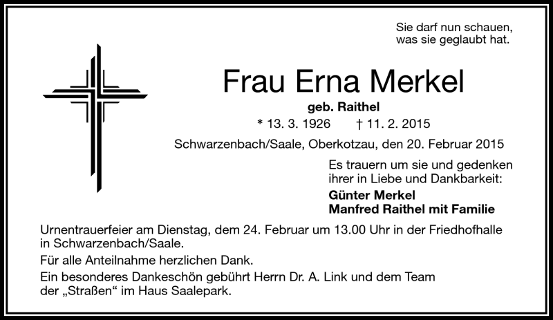  Traueranzeige für Erna Merkel vom 20.02.2015 aus Frankenpost