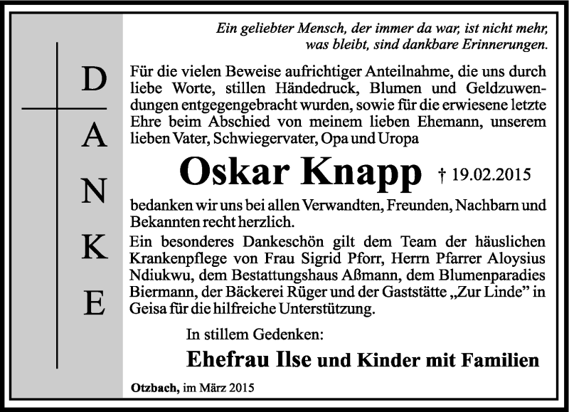  Traueranzeige für Oskar Knapp vom 05.03.2015 aus Südthüringer Presse