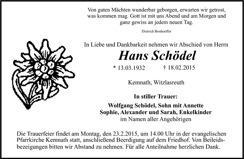  Traueranzeige für Hans Schödel vom 20.02.2015 aus Frankenpost