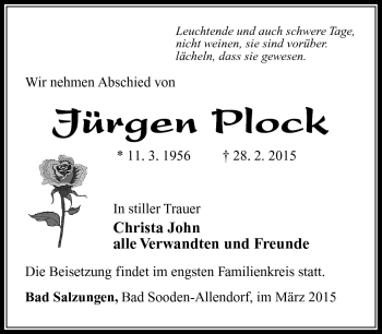 Traueranzeige von Jürgen Plock von Südthüringer Presse